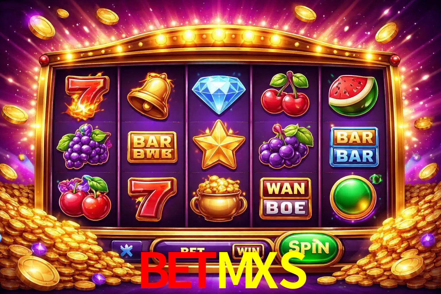 Una interfaz colorida de tragamonedas en línea con símbolos brillantes, monedas y un efecto de victoria celebratoria en BETMXS.