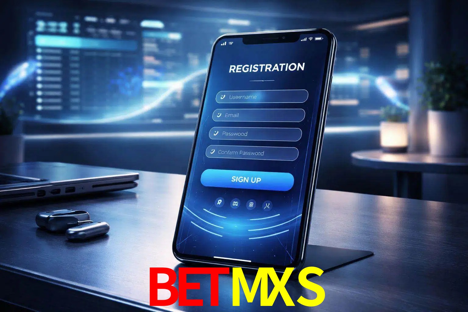 Una interfaz moderna de registro móvil para BETMXS mostrada en un smartphone con un panel de apuestas elegante.
